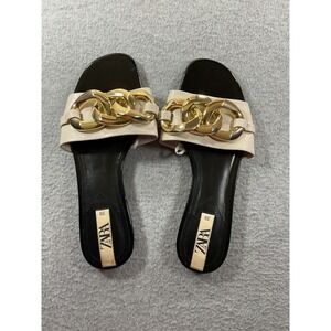 Zara Womens Flat Slide Sandals Gold Chain Link Cream Black Leather Size 39